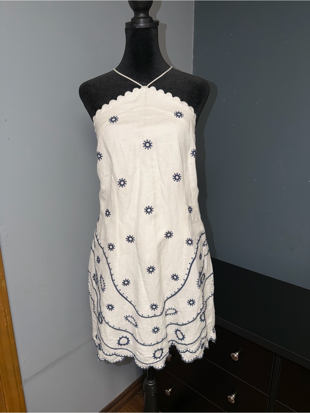 LOFT White Strapless Embroidered Sundress with Navy Accents